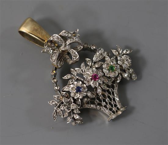 A diamond, sapphire, ruby and emerald basket of flowers pendant, yellow gold setting, 30mm.